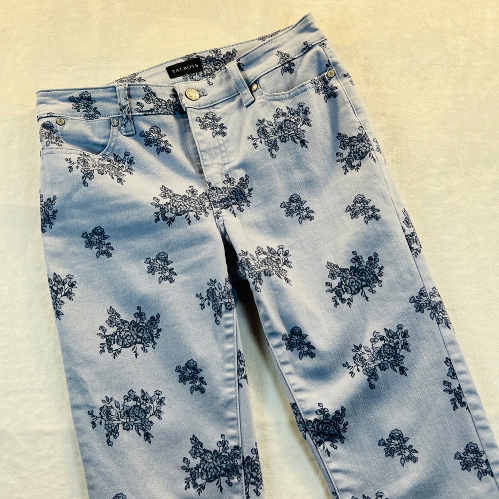 Talbots Slim Ankle Jeans Womens 2P Light Blue Navy Floral Print Denim 1153